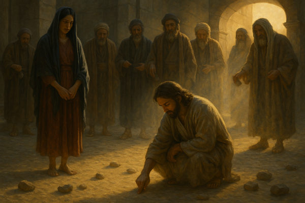 STONE THROWING LESSONS | Christopher L. Scott Jesus writing in the dust as accusers drop stones, teaching grace and forgiveness.